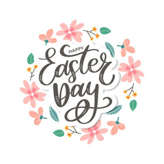 Colorful Happy Easter greeting card with flowers eggs and rabbit elements composition. EPS10 vector file organized in layers for easy editing.