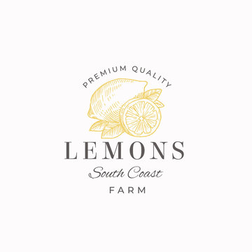 Lemon Fruit Farms Abstract Vector Sign, Symbol or Logo Template. Hand Drawn Lemons with Leaves Sketch with Retro Typography. Vintage Luxury Emblem.
