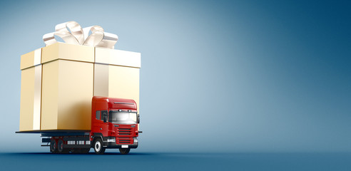 Present concept - Tir or truck carrying gift box. 3d rendering - obrazy, fototapety, plakaty