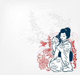 Fototapeta na wymiar Kotsuzumi japanese vector sketch illustration engraved chinese musical instrument kimono girl play