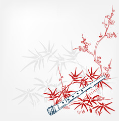 fue flute bamboo japanese vector sketch illustration engraved chinese