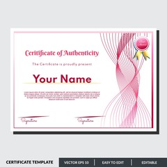 Certificate of authenticity in red theme. This certificate design template is easy to use and editable. Use for your business and events.