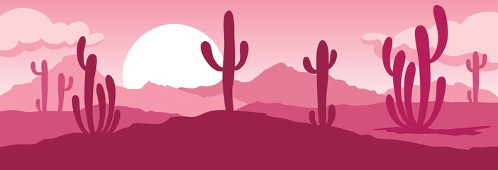 Abstract landscape with cactus / Vector illustration, narrow background, sunset in mexico © imagination13