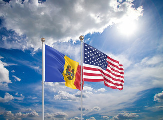 United States of America vs Moldova. Thick colored silky flags of America and Moldova. 3D illustration on sky background. - Illustration