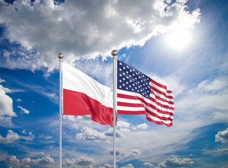 United States of America vs Poland. Thick colored silky flags of America and Poland. 3D illustration on sky background. - Illustration
