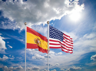 United States of America vs Spain. Thick colored silky flags of America and Spain. 3D illustration on sky background. - Illustration