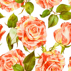 Watercolor seamless pattern with rose, red, pink roses flowers, botanical drawing. Stock illustration. Fabric wallpaper print texture.