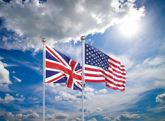 United States of America vs United Kingdom. Thick colored silky flags of America and United Kingdom. 3D illustration on sky background. - Illustration