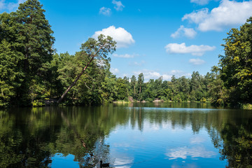 Scenic view of the park in the center of the big city in the summer. With a lagoon in the middle and green trees. In the atmosphere of evening light