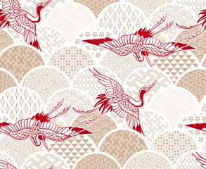 Papier Peint photo Style japonais Oiseau grue motif kimono traditionnel vecteur croquis illustration dessin au trait japonais chinois oriental design