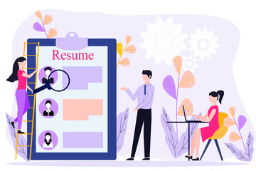 Concept of staff recruitment or employee hiring. Office workers standing in front of list of job applicants. Recruitment or headhunting agency. Vector for UI, web banner, social media, landing page.