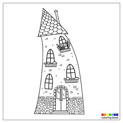 Linear drawing of a fairy-tale house, for printing, coloring, and other design elements. Two-story house with Windows and a door. Vector illustration