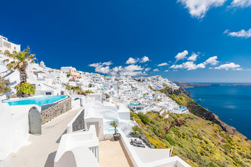Luxury summer travel and vacation landscape. White architecture on Santorini island, Greece....
