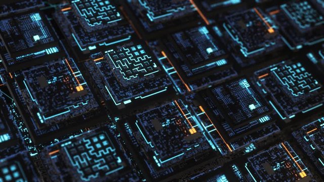 Neon boards in computer. Animation. Beautiful 3D neon boards in computer cyber space. Illuminated memory cards inside computer