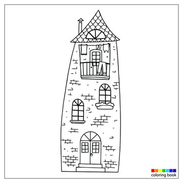 Linear drawing of a fairy-tale house, for printing, coloring, and other design elements. Brick house with a balcony. Vector illustration. 