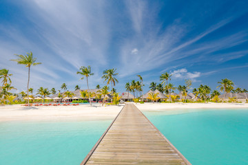 Naklejka na ściany i meble Maldives beach landscape, summer view of tropical island with palm trees and blue sea, blue sky. Idyllic and exotic landscape