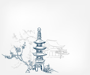 Fototapeta na wymiar toro stone lighting card vector sketch illustration line art japanese chinese oriental design