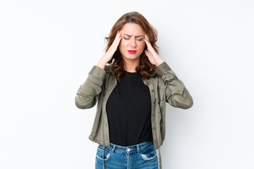 Young Russian woman over isolated white background with headache