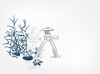 toro stone lighting card vector sketch illustration line art japanese chinese oriental design