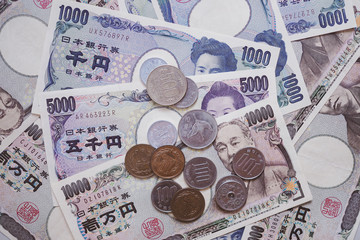 Japanese currency. There are lots of bank notes and coins. Exchange with goods and services and use to pay off debt locally or in a particular socioeconomic company according to the law.