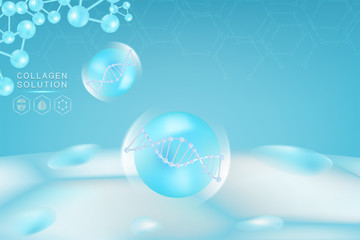 Hyaluronic acid skin solutions ad, blue collagen serum drop with cosmetic advertising background ready to use, illustration vector.	