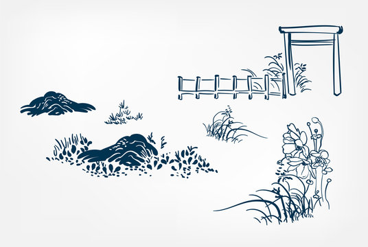 Vector Ink Illustration Sketch Japanese Chinese Style Line Art Design Stone Grass Flower Fence Design Elements Ground