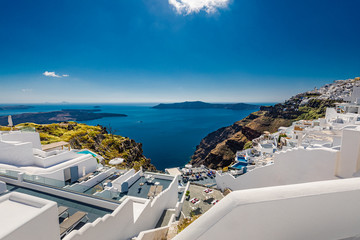 Amazing summer landscape. White architecture on Santorini island, Greece. Beautiful summer landscape, sea view.