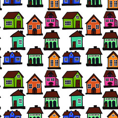 Cute hand drawn pattern with houses