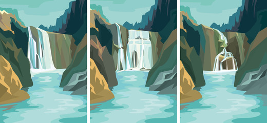 Set of beautiful waterfall landscapes. Vector illustrations in cartoon style.