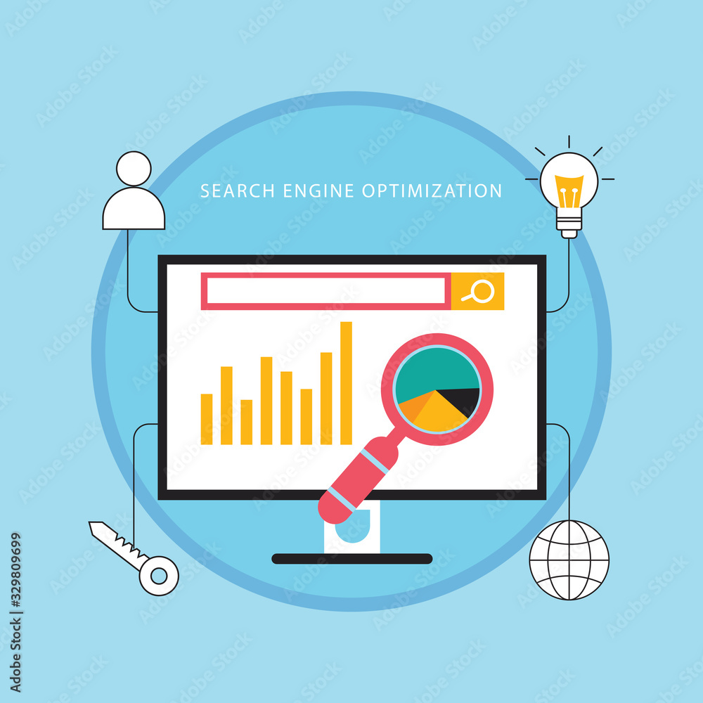Aufkleber flat modern vector concept seo optimization and analytics banner with icons
