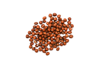 Hazelnuts isolated on a white background. A handful of ripe nuts. Flat lay, top view.