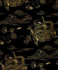 dragon sky chrysantemum vector seamless japanese chinese pattern gold black traditional