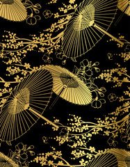Naklejki  fan kwiat unbrella wektor japoński chiński wzór bez szwu złoty czarny