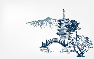 temple card nature landscape view bridge vector sketch illustration japanese chinese oriental line art - 329810049