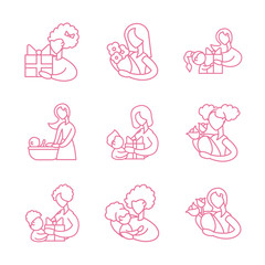 set of icons with mother and baby, line style icon