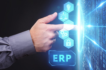 Business, Technology, Internet and network concept. Young businessman working on a virtual screen of the future and sees the inscription: