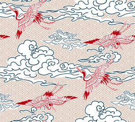 grue oiseaux ciel nuage japonais modèle de conception de vecteur chinois