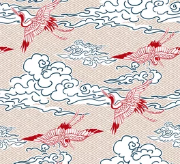 Gordijnen kraanvogels sky cloud japans chinees vector ontwerppatroon © CharlieNati