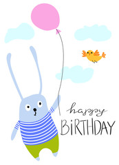 The rabbit is flying in a balloon. Greeting card with typography Happy Birthday. Scandinavian style, flat vector illustration.