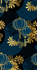 lamp paper lantern circles japanese chinese vector design pattern black gold