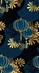 Foto op Plexiglas Blauw goud lamp papieren lantaarn cirkels japans chinees vector ontwerp patroon zwart goud
