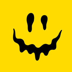 Melting smile. Dripping smile. Smile icon. Yellow smile. Smiley on yellow background. Vector emoji. Color easy to edit.