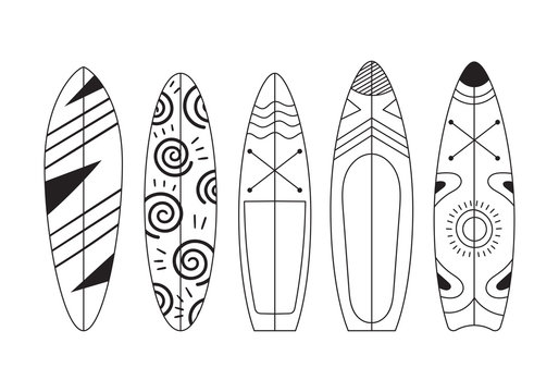 Set of five doodle surfs with patterns. Rest on the sea, extreme, hobbies and adrenaline on the waves. Isolated vector illustration on white background.