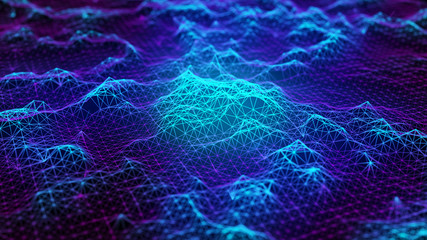 Cybernetic futuristic background. Big data visualization. Technological 3D landscape. 3D rendering.
