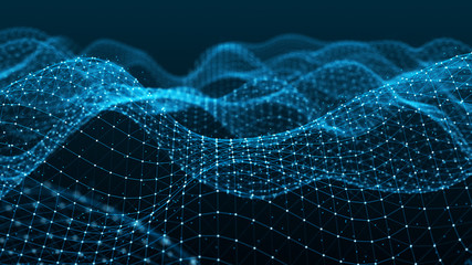 Abstract dynamic wave of particles and lines. Big data. Network of bright connected dots and lines. Digital background. 3d rendering.