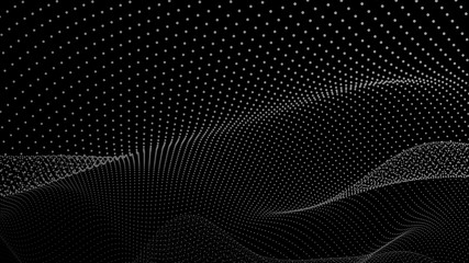 Abstract dynamic wave of particles. Wave of gradient dots on black background. Futuristic vector illustration.