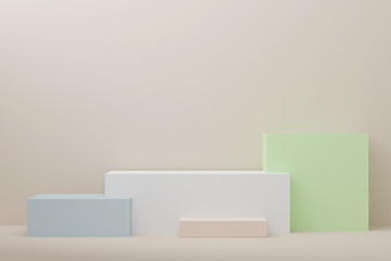 Minimal 3d rendering scene with composition empty cube colorful pastel podium for product cosmetic and abstract background. mock up geometric shape in pastel colors. 3d illustration
