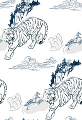 japanese chinese vector design seamless pattern tiger nature