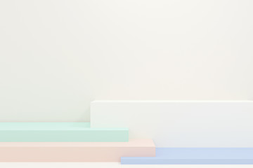 Minimal 3d rendering scene with composition empty step cube colorful pastel podium for product and abstract background. mock up geometric shape in pastel colors. cosmetic stand, 3d illustration