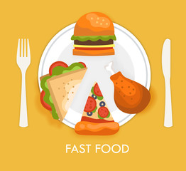 Fast food poster flat design image concept with a top view of sandwich, pizza, chicken leg and hamburger served on white plate with fork and knife on yellow background